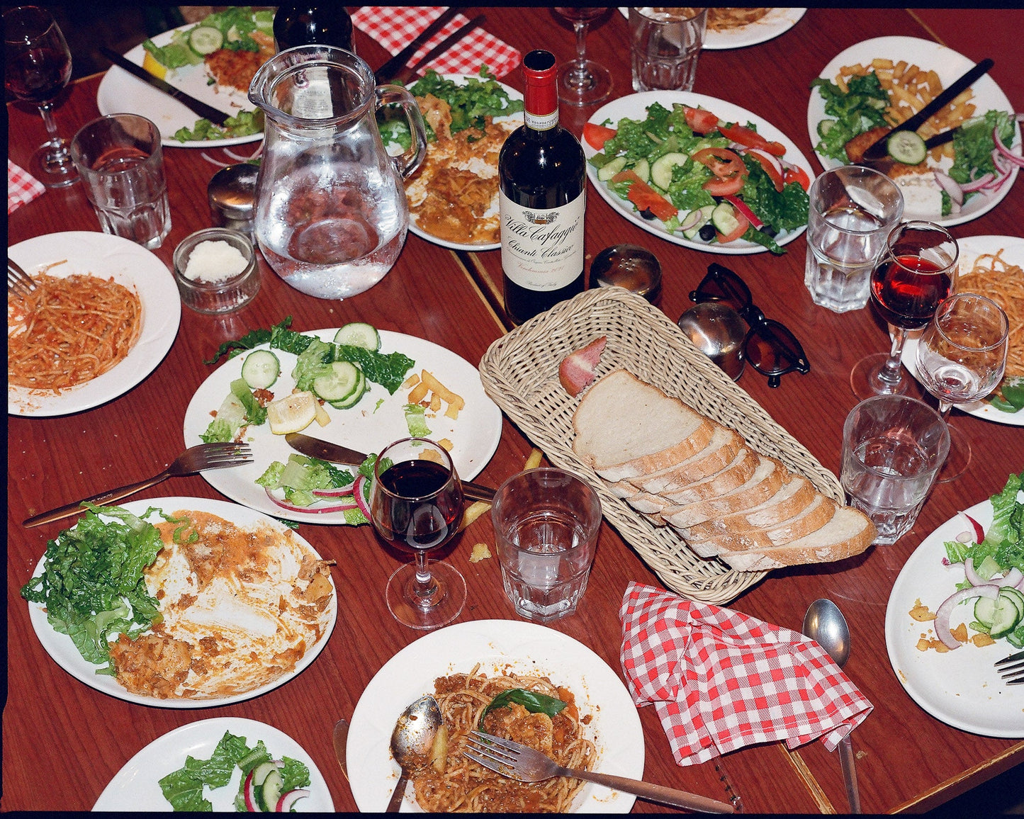 A table of food partially eaten