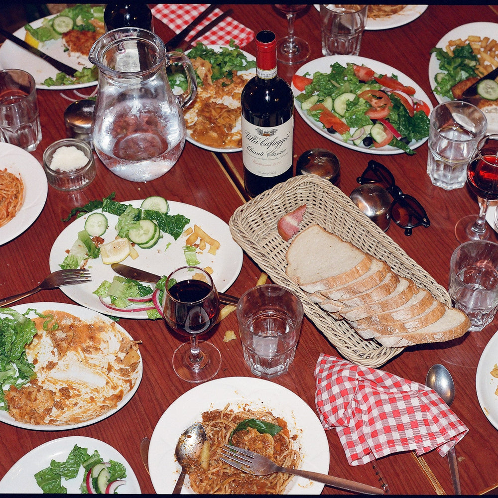 A table of food partially eaten 